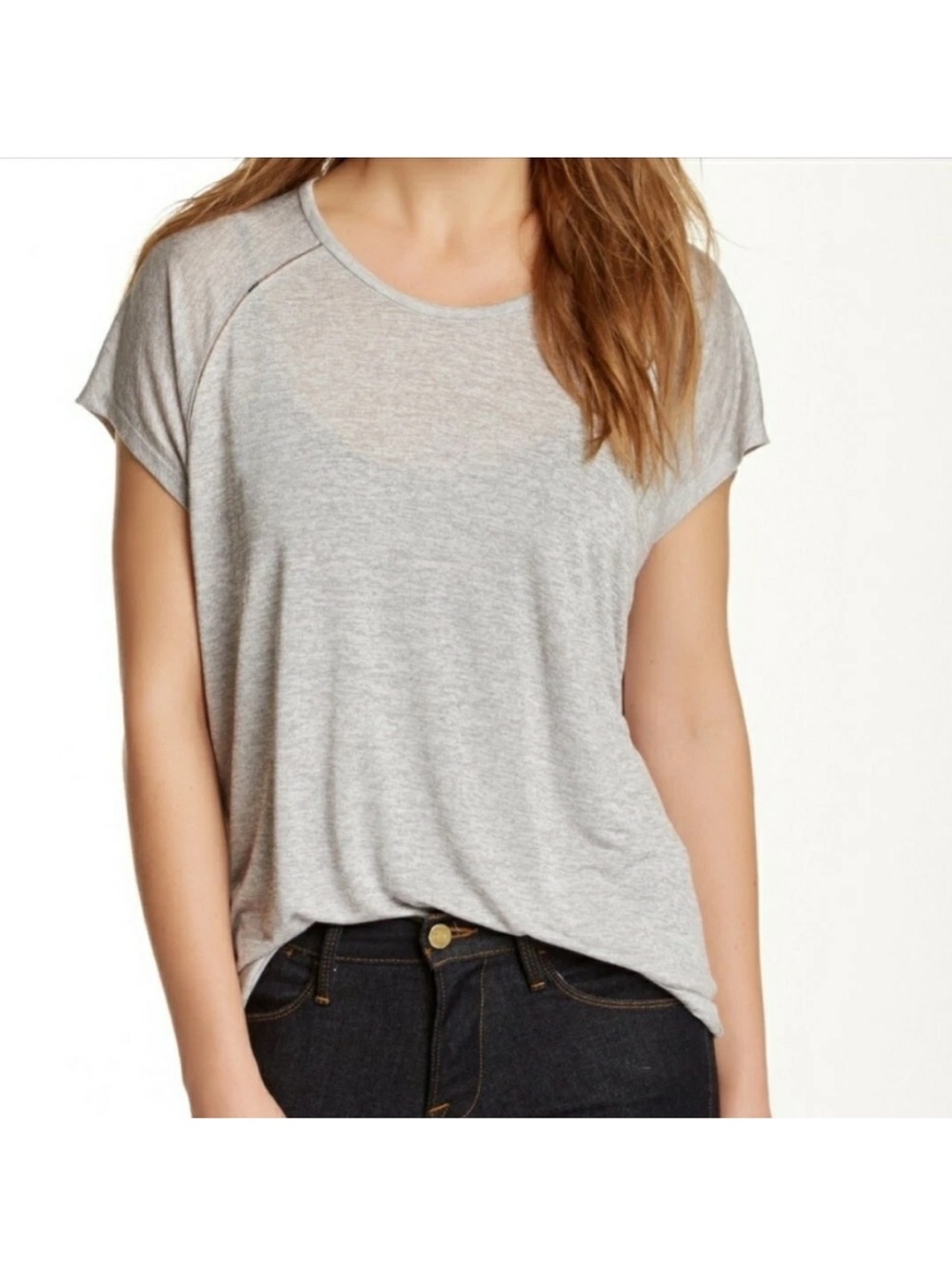 Vince Ladder Stitch Light Gray Scoop Neck Short Sleeve Tee